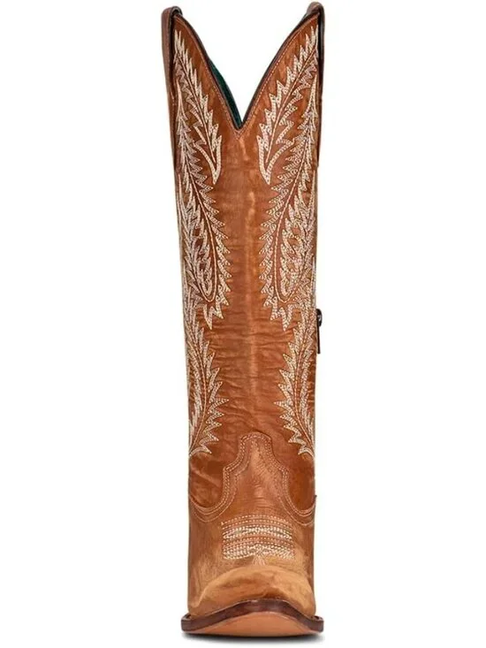 Women's Tan Handcrafted Western Boots J Toe Tall Cowboy Boots with Distressed - Picture 4 of 5